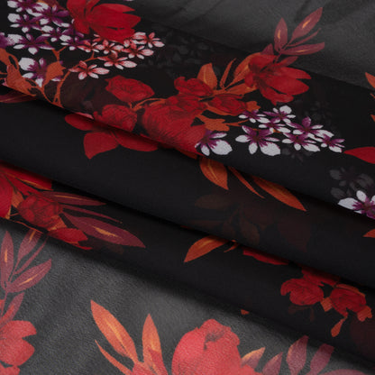 Polyester Chiffon Print - Red, Plum and Black Floral Bunches - Designer Deadstock
