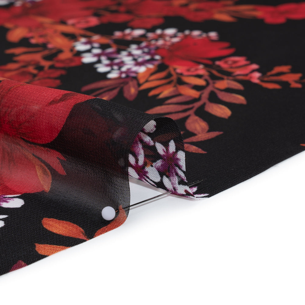 Polyester Chiffon Print - Red, Plum and Black Floral Bunches - Designer Deadstock - Detail