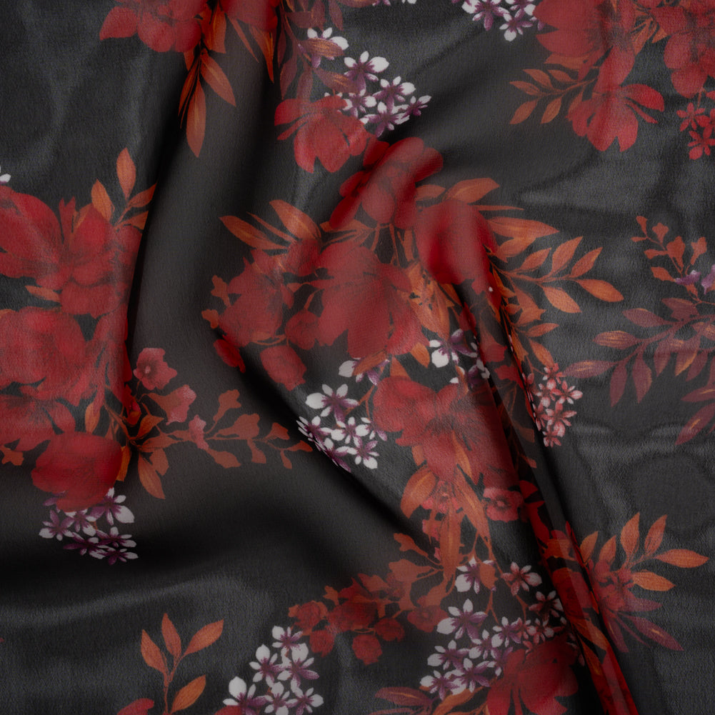 Polyester Chiffon Print - Red, Plum and Black Floral Bunches - Designer Deadstock