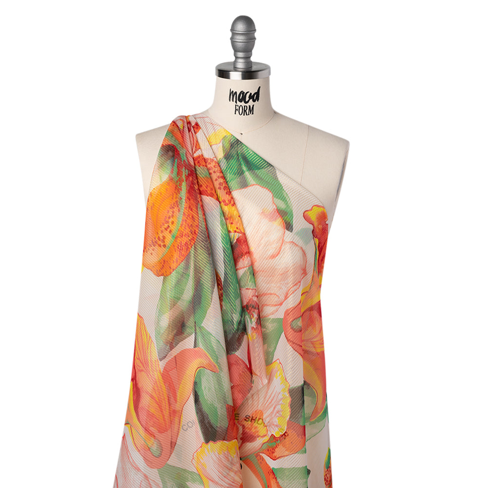 Polyester Chiffon with Metallic Gold Pinstripes - Bright Orange, Yellow and Green Brilliant Flowers and Orchids - Designer Deadstock Folded