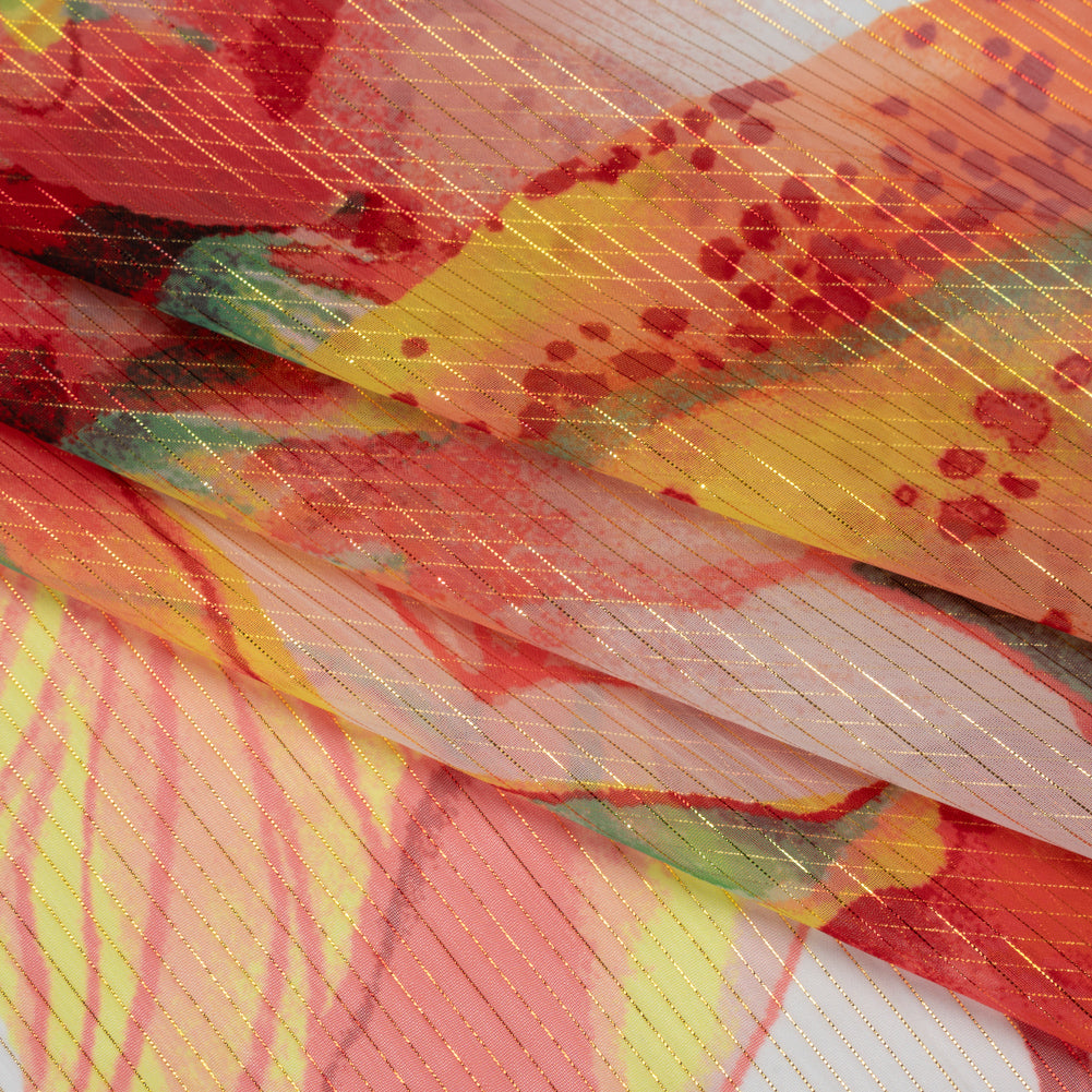 Polyester Chiffon with Metallic Gold Pinstripes - Bright Orange, Yellow and Green Brilliant Flowers and Orchids - Designer Deadstock Detail