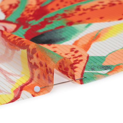 Polyester Chiffon with Metallic Gold Pinstripes - Bright Orange, Yellow and Green Brilliant Flowers and Orchids - Designer Deadstock Full