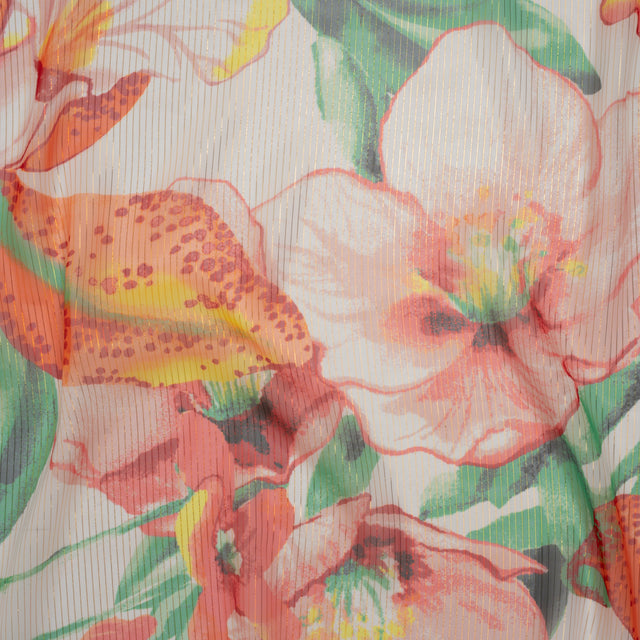 Polyester Chiffon with Metallic Gold Pinstripes - Bright Orange, Yellow and Green Brilliant Flowers and Orchids - Designer Deadstock Drape