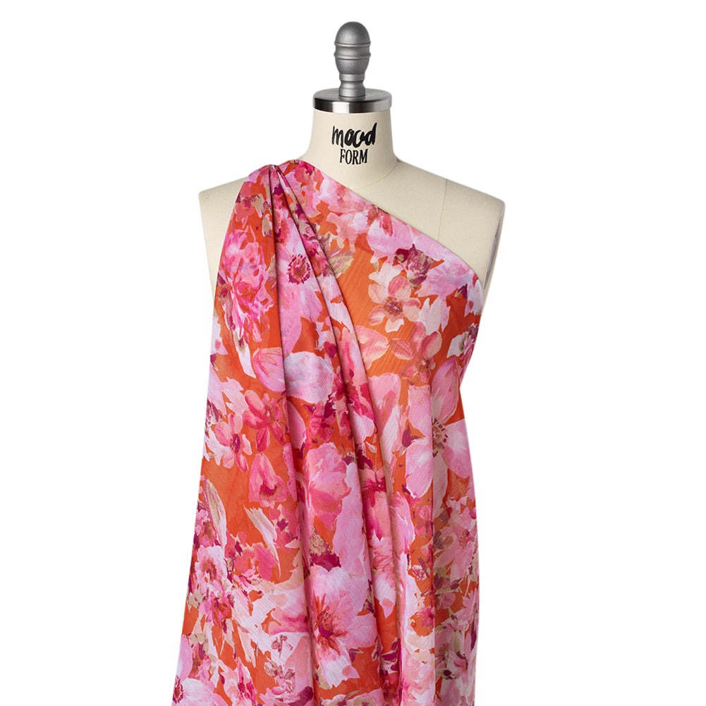Crinkled Polyester Chiffon Print - Pink, Coral and Fuchsia Watercolor Flowers - Designer Deadstock - Folded