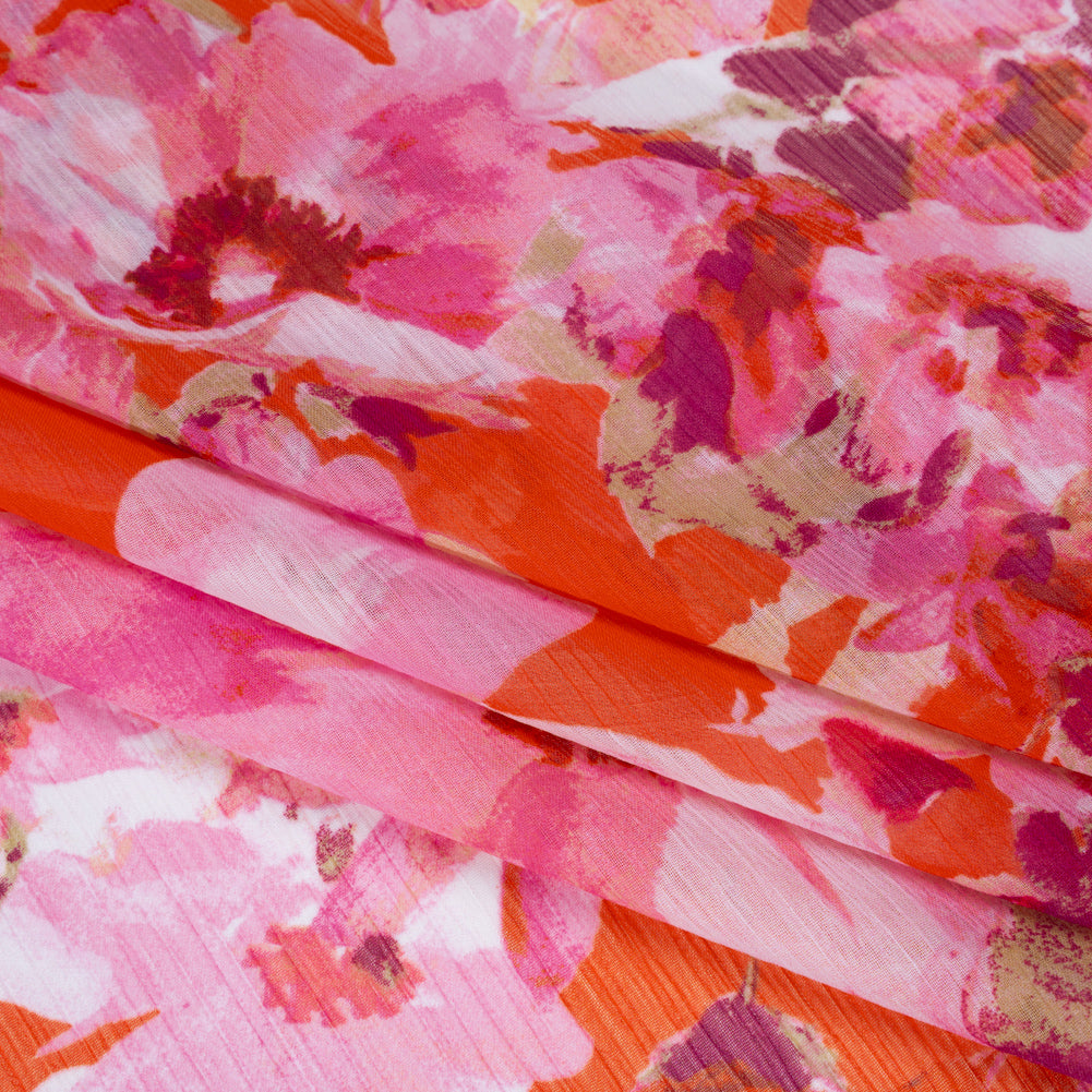 Crinkled Polyester Chiffon Print - Pink, Coral and Fuchsia Watercolor Flowers - Designer Deadstock - Detail