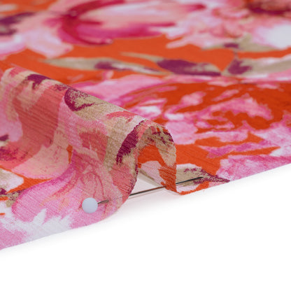 Crinkled Polyester Chiffon Print - Pink, Coral and Fuchsia Watercolor Flowers - Designer Deadstock