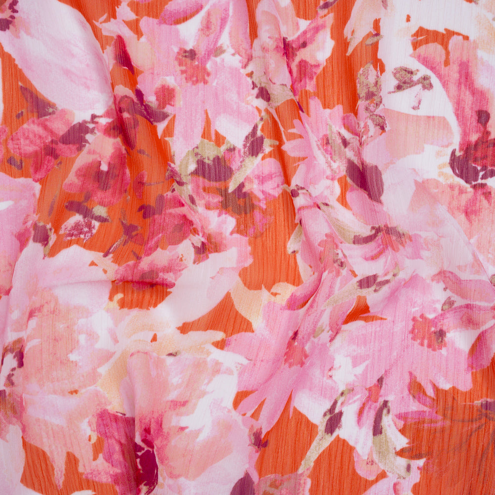 Crinkled Polyester Chiffon Print - Pink, Coral and Fuchsia Watercolor Flowers - Designer Deadstock - Drape