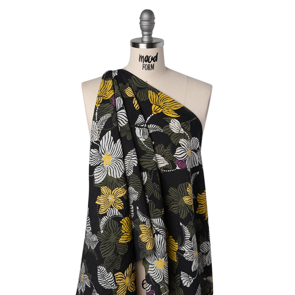 Crinkled Viscose and Nylon Woven - Olive, Yellow and Purple Floral - Designer Deadstock - Folded
