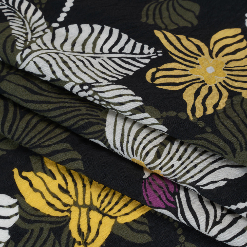 Crinkled Viscose and Nylon Woven - Olive, Yellow and Purple Floral - Designer Deadstock - Detail