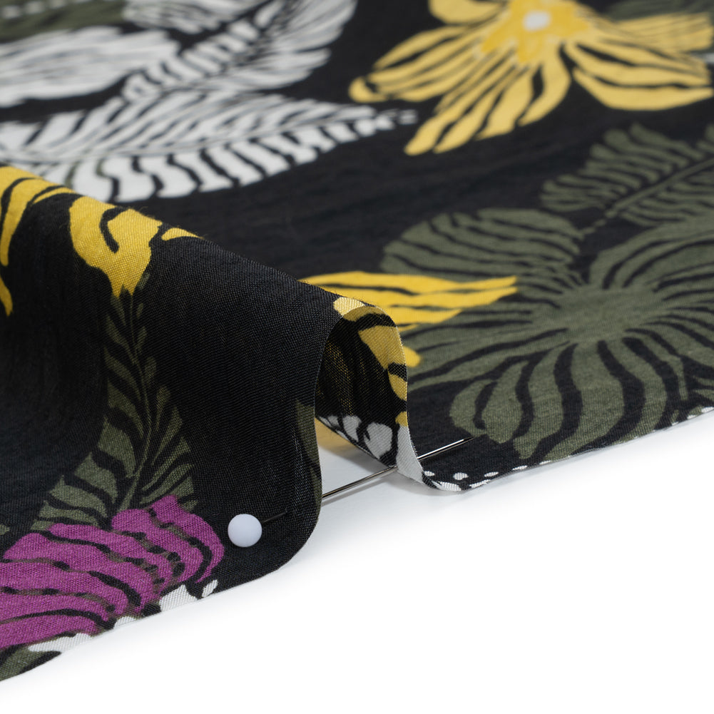 Crinkled Viscose and Nylon Woven - Olive, Yellow and Purple Floral - Designer Deadstock - Full - Image 4 of 5
