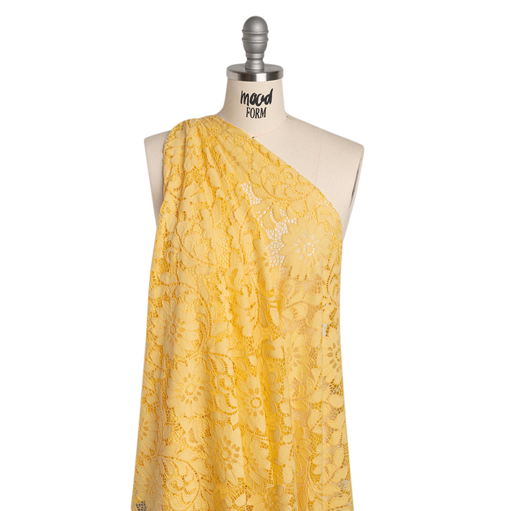 Nylon and Cotton Re-Embroidered Lace - Sunshine Yellow Floral - Designer Deadstock - Folded