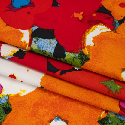 Stretch Cotton Poplin Print - Red, Orange and Blue Abstracted Floral - Designer Deadstock
