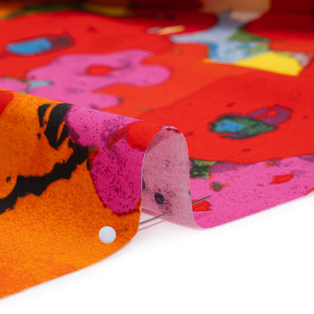 Stretch Cotton Poplin Print - Red, Orange and Blue Abstracted Floral - Designer Deadstock - Detail