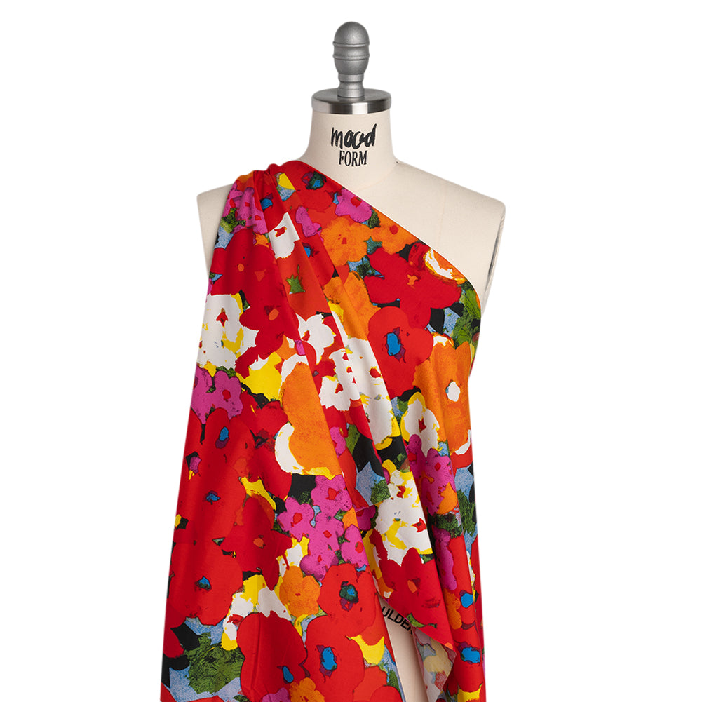 Stretch Cotton Poplin Print - Red, Orange and Blue Abstracted Floral - Designer Deadstock - Drape