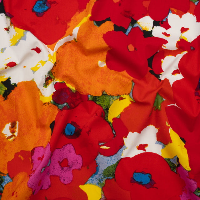 Stretch Cotton Poplin Print - Red, Orange and Blue Abstracted Floral - Designer Deadstock