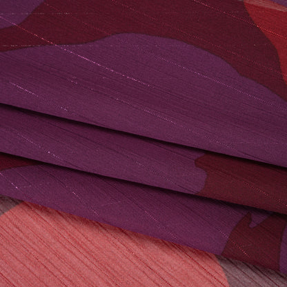 Crinkled Polyester Chiffon Print with Metallic Pinstripes - Burgundy, Brick Red and Plum Floral - Designer Deadstock