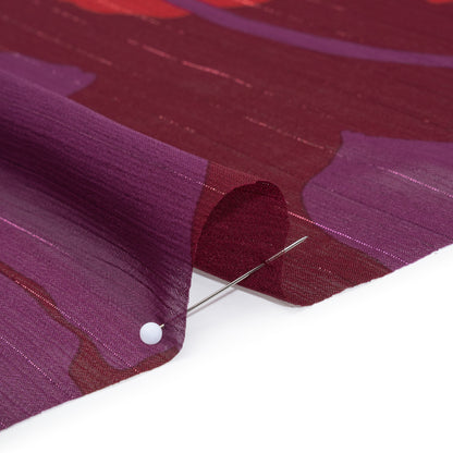 Crinkled Polyester Chiffon Print with Metallic Pinstripes - Burgundy, Brick Red and Plum Floral - Designer Deadstock
