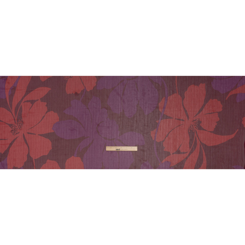 Crinkled Polyester Chiffon Print with Metallic Pinstripes - Burgundy, Brick Red and Plum Floral - Designer Deadstock - Full