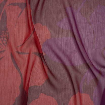 Crinkled Polyester Chiffon Print with Metallic Pinstripes - Burgundy, Brick Red and Plum Floral - Designer Deadstock