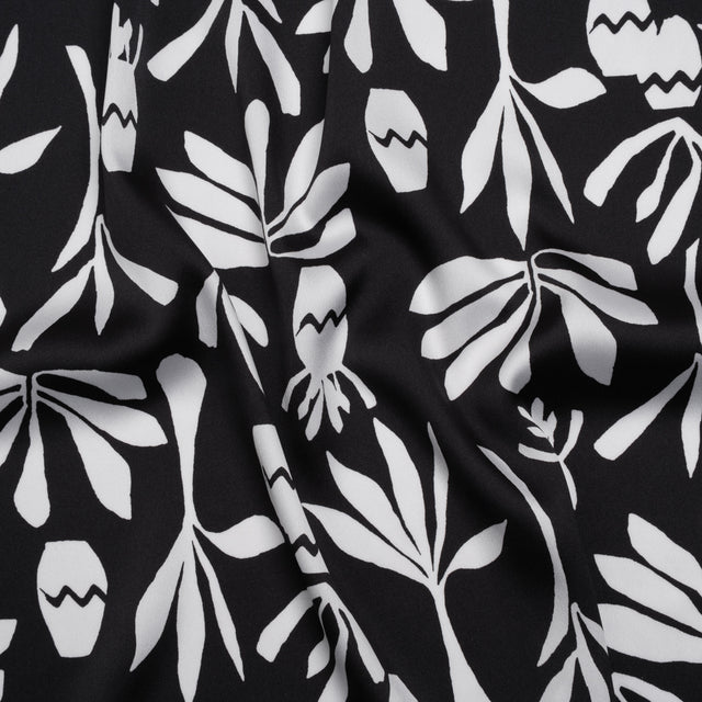 Polyester Satin Print - Black and White Carved Florals - Designer Deadstock