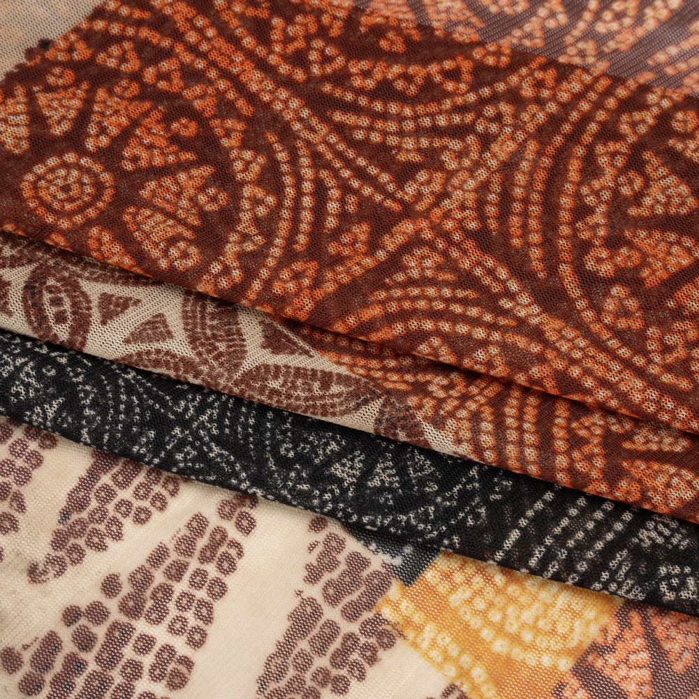 Polyester Stretch Mesh Print - Black, Orange and Burgundy Dotted Geometric - Designer Deadstock Detail