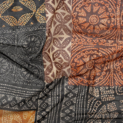 Polyester Stretch Mesh Print - Black, Orange and Burgundy Dotted Geometric - Designer Deadstock Drape