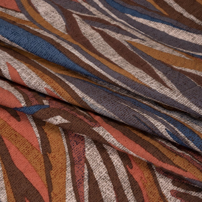 Lightweight Crinkled Rayon and Nylon Woven Print -Terracotta, Brown and Muted Blue Leafy Lines and Texture - Designer Deadstock