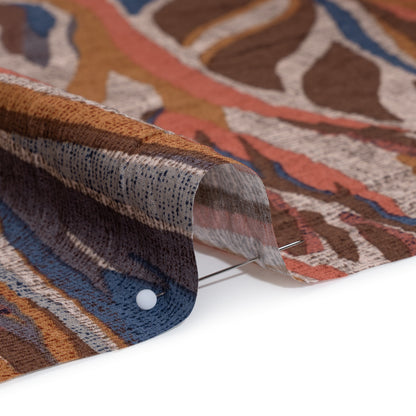 Lightweight Crinkled Rayon and Nylon Woven Print -Terracotta, Brown and Muted Blue Leafy Lines and Texture - Designer Deadstock