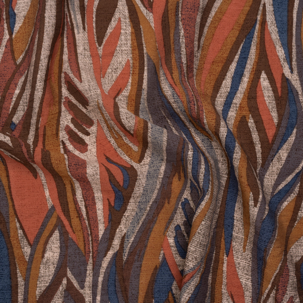 Lightweight Crinkled Rayon and Nylon Woven Print -Terracotta, Brown and Muted Blue Leafy Lines and Texture - Designer Deadstock - Drape