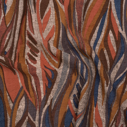 Lightweight Crinkled Rayon and Nylon Woven Print -Terracotta, Brown and Muted Blue Leafy Lines and Texture - Designer Deadstock