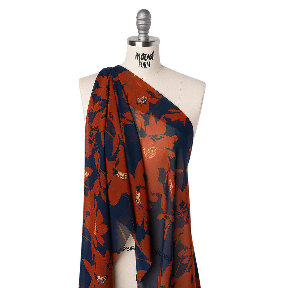 Polyester Chiffon Print - Navy Blue and Rust Floral - Designer Deadstock Folded