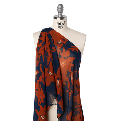 Polyester Chiffon Print - Navy Blue and Rust Floral - Designer Deadstock Folded