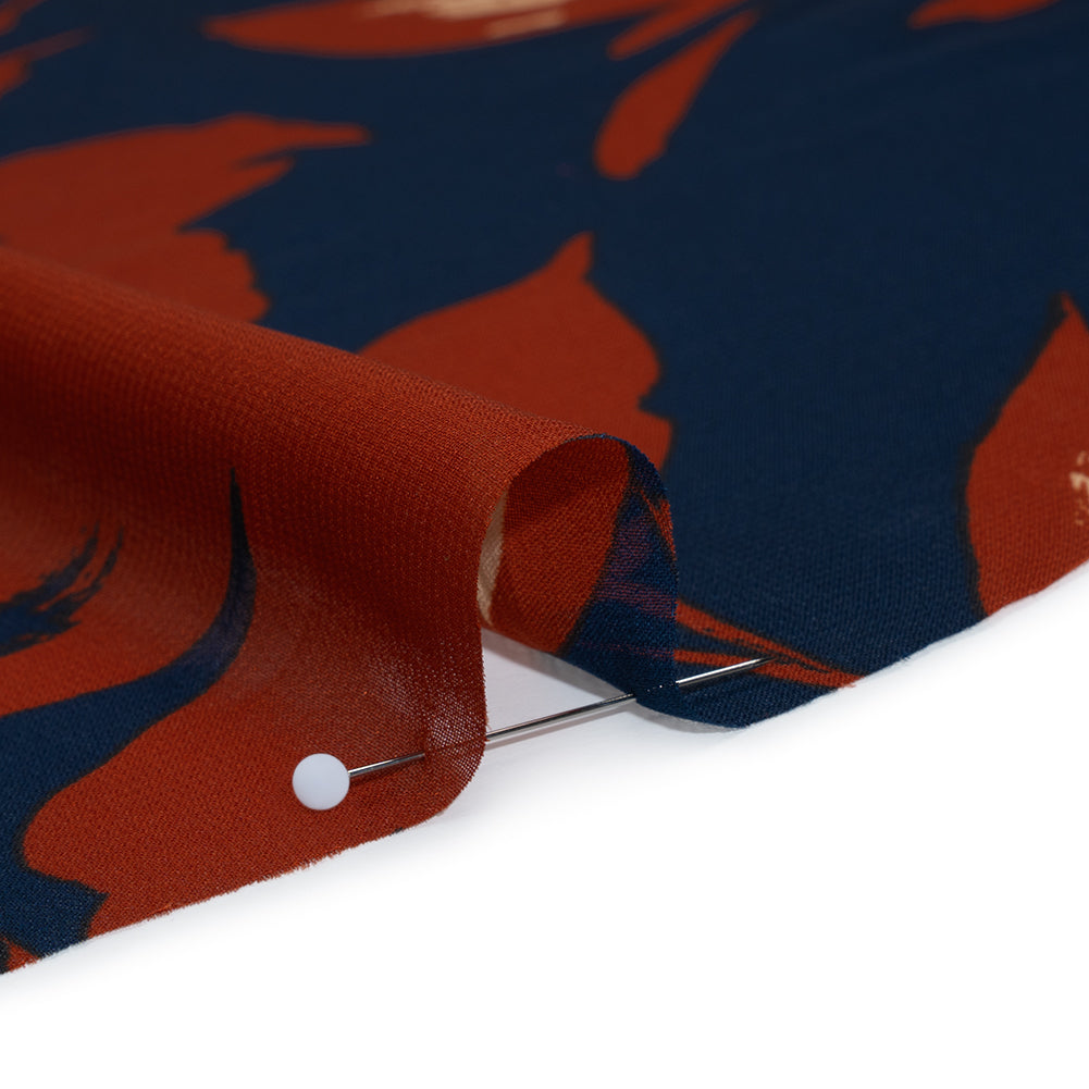 Polyester Chiffon Print - Navy Blue and Rust Floral - Designer Deadstock Full