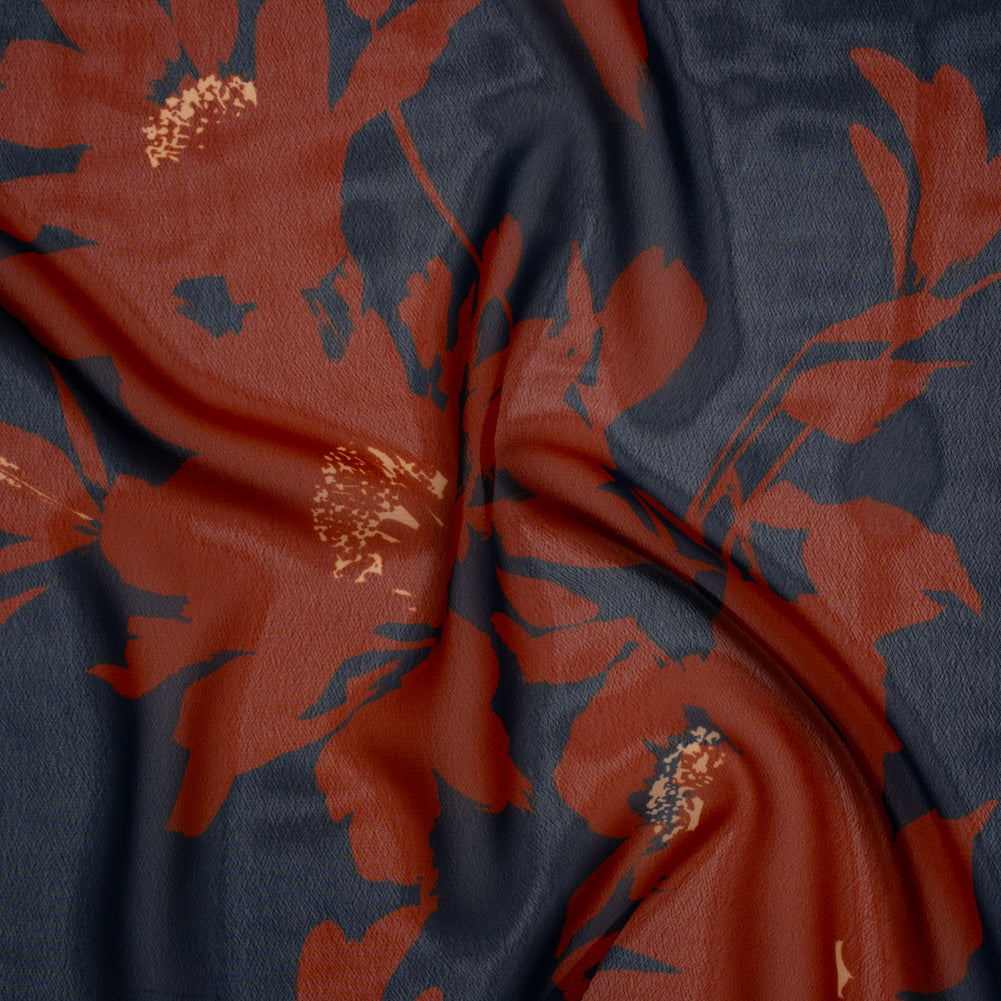 Polyester Chiffon Print - Navy Blue and Rust Floral - Designer Deadstock Drape