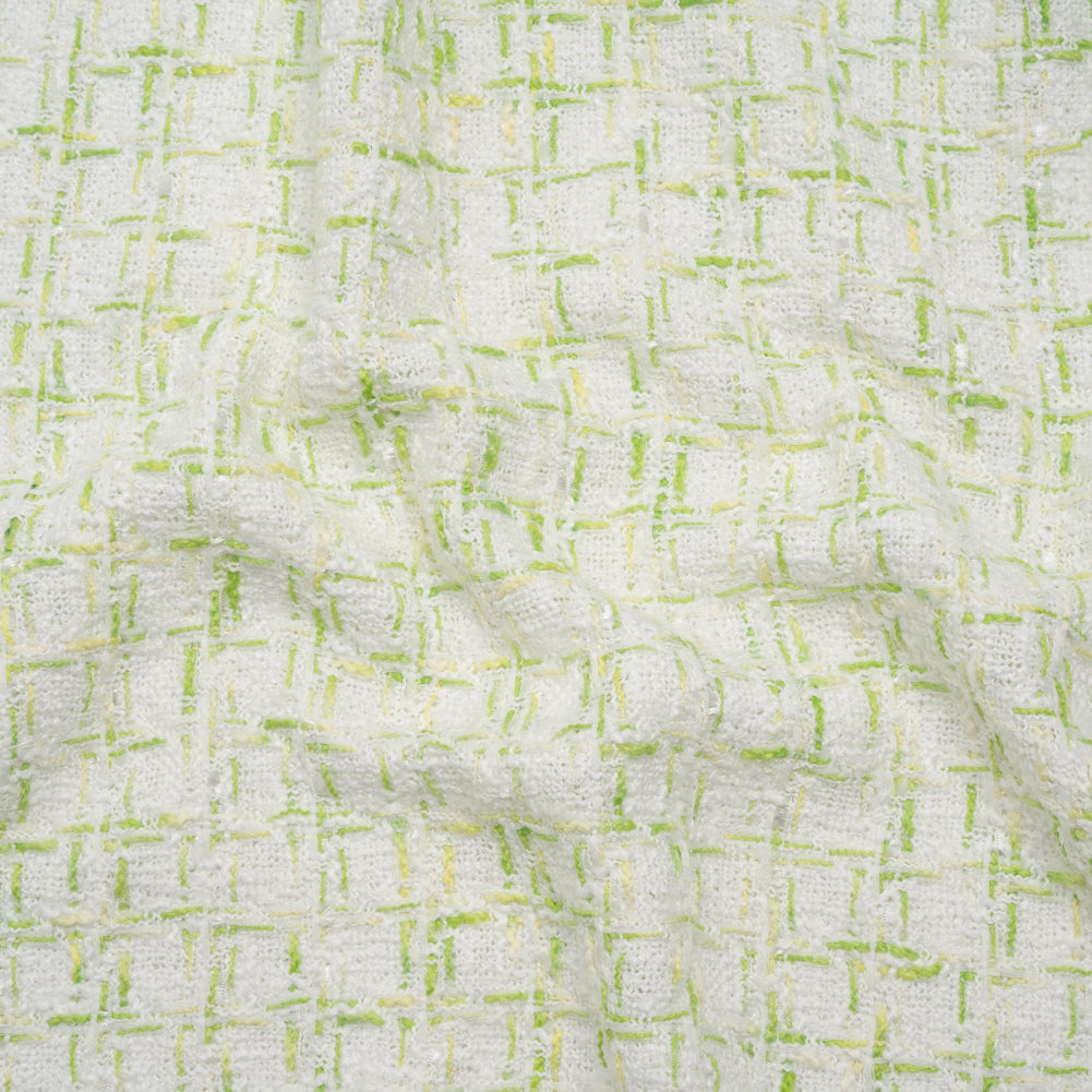 Tweedy Polyester Boucle - White and Lime Green Plaid - Deadstock