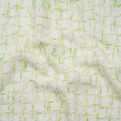 Tweedy Polyester Boucle - White and Lime Green Plaid - Deadstock
