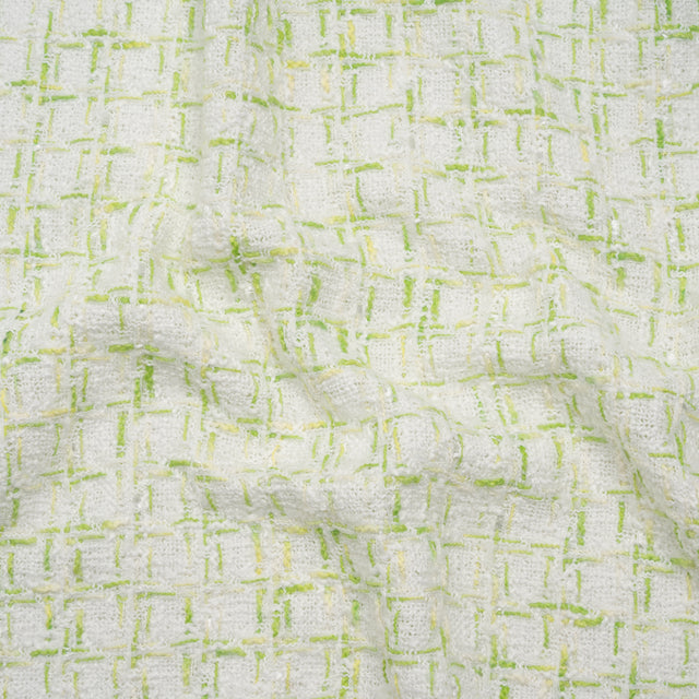 Tweedy Polyester Boucle - White and Lime Green Plaid - Deadstock