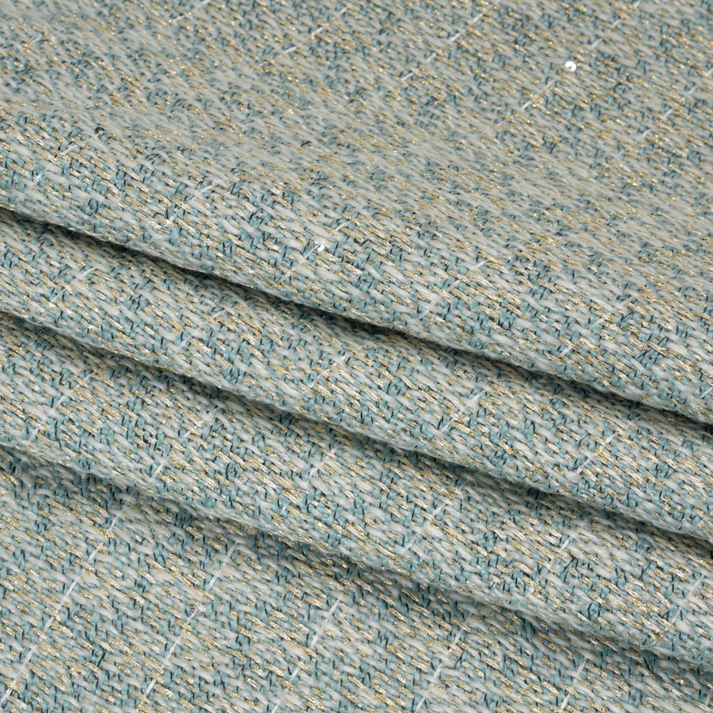 Metallic Wool Blend Tweed with Baby Sequins - Aqua, White and Gold - Deadstock - Folded