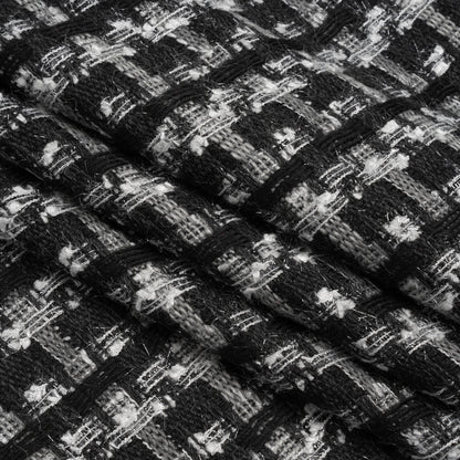 Wool Blend Tweed with Metallic Eyelash Fringe - Black and White Plaid - Deadstock