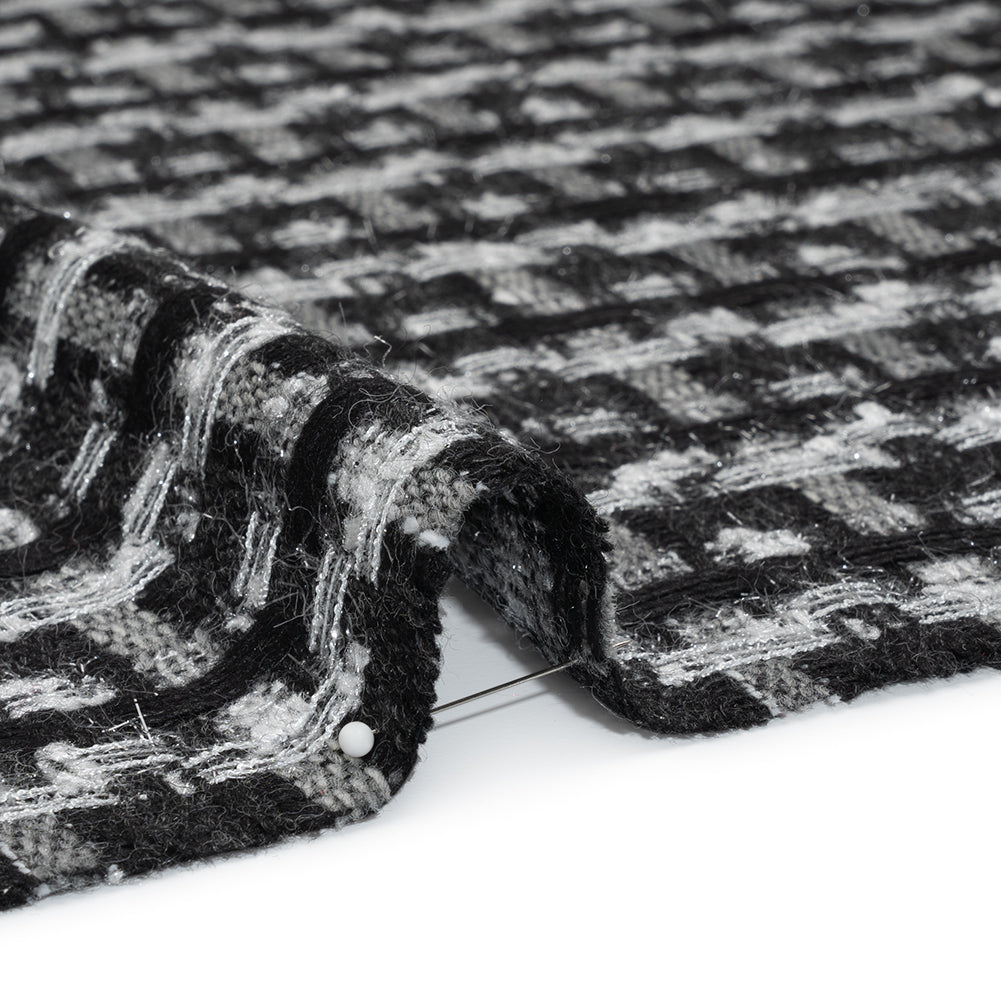 Wool Blend Tweed with Metallic Eyelash Fringe - Black and White Plaid - Deadstock - Detail