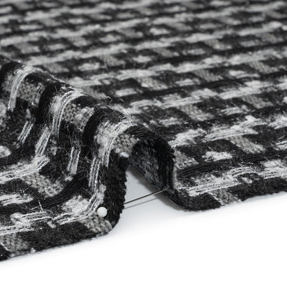 Wool Blend Tweed with Metallic Eyelash Fringe - Black and White Plaid - Deadstock