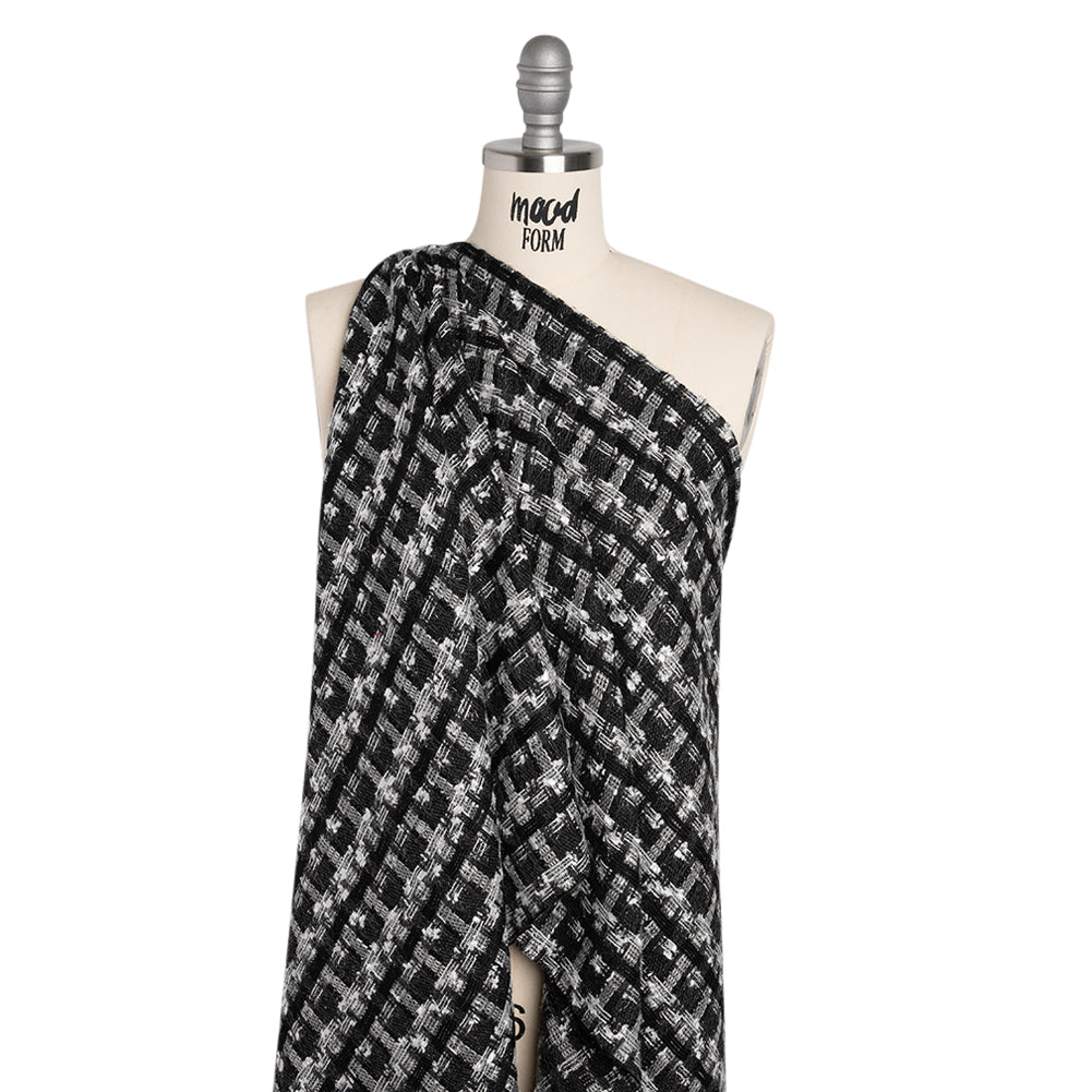Wool Blend Tweed with Metallic Eyelash Fringe - Black and White Plaid - Deadstock - Drape