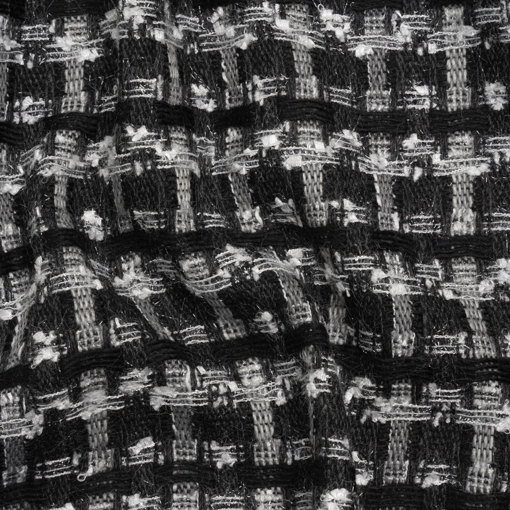 Wool Blend Tweed with Metallic Eyelash Fringe - Black and White Plaid - Deadstock