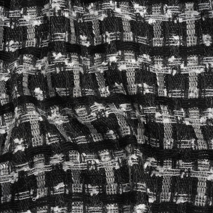 Wool Blend Tweed with Metallic Eyelash Fringe - Black and White Plaid - Deadstock