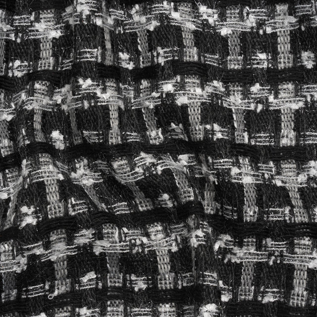 Wool Blend Tweed with Metallic Eyelash Fringe - Black and White Plaid - Deadstock
