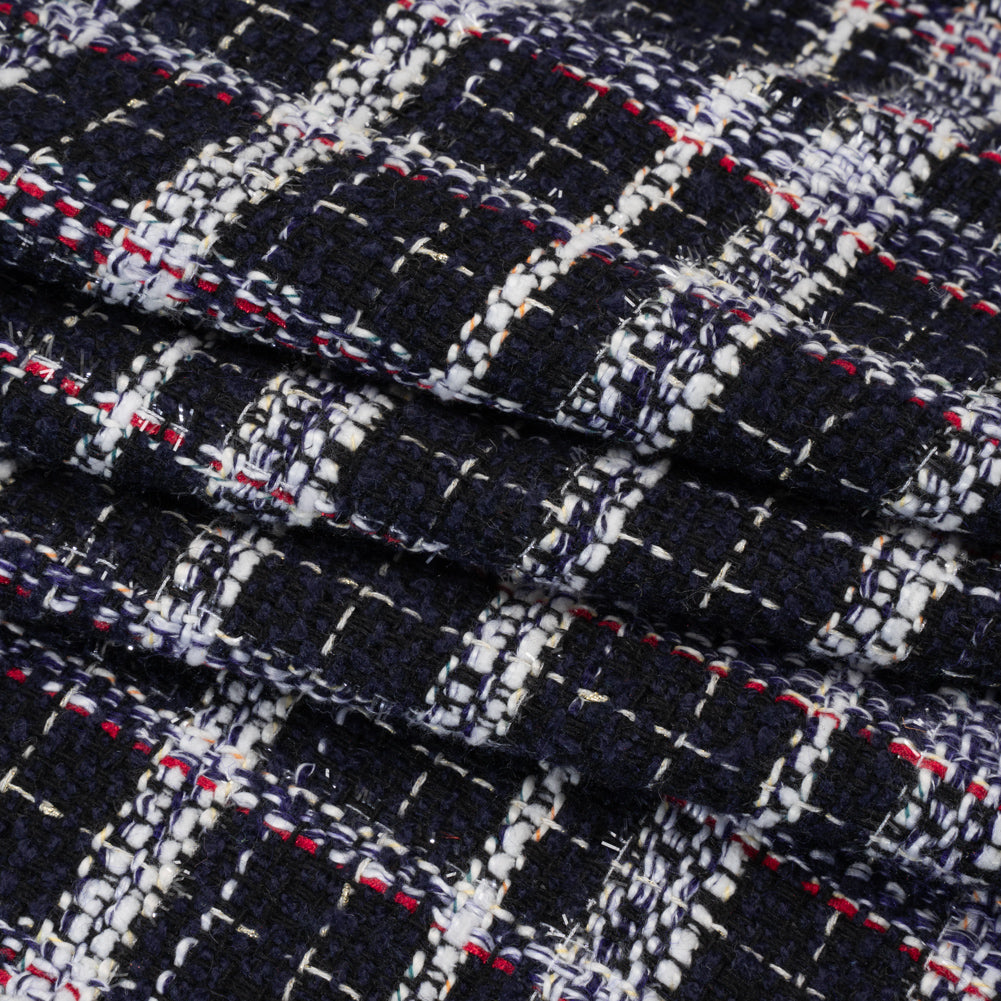 Tweedy Boucle Woven with Metallic Eyelash Fringe - Navy, White and Red Plaid - Deadstock - Folded