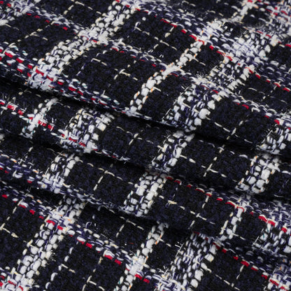 Tweedy Boucle Woven with Metallic Eyelash Fringe - Navy, White and Red Plaid - Deadstock