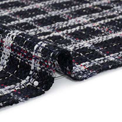 Tweedy Boucle Woven with Metallic Eyelash Fringe - Navy, White and Red Plaid - Deadstock