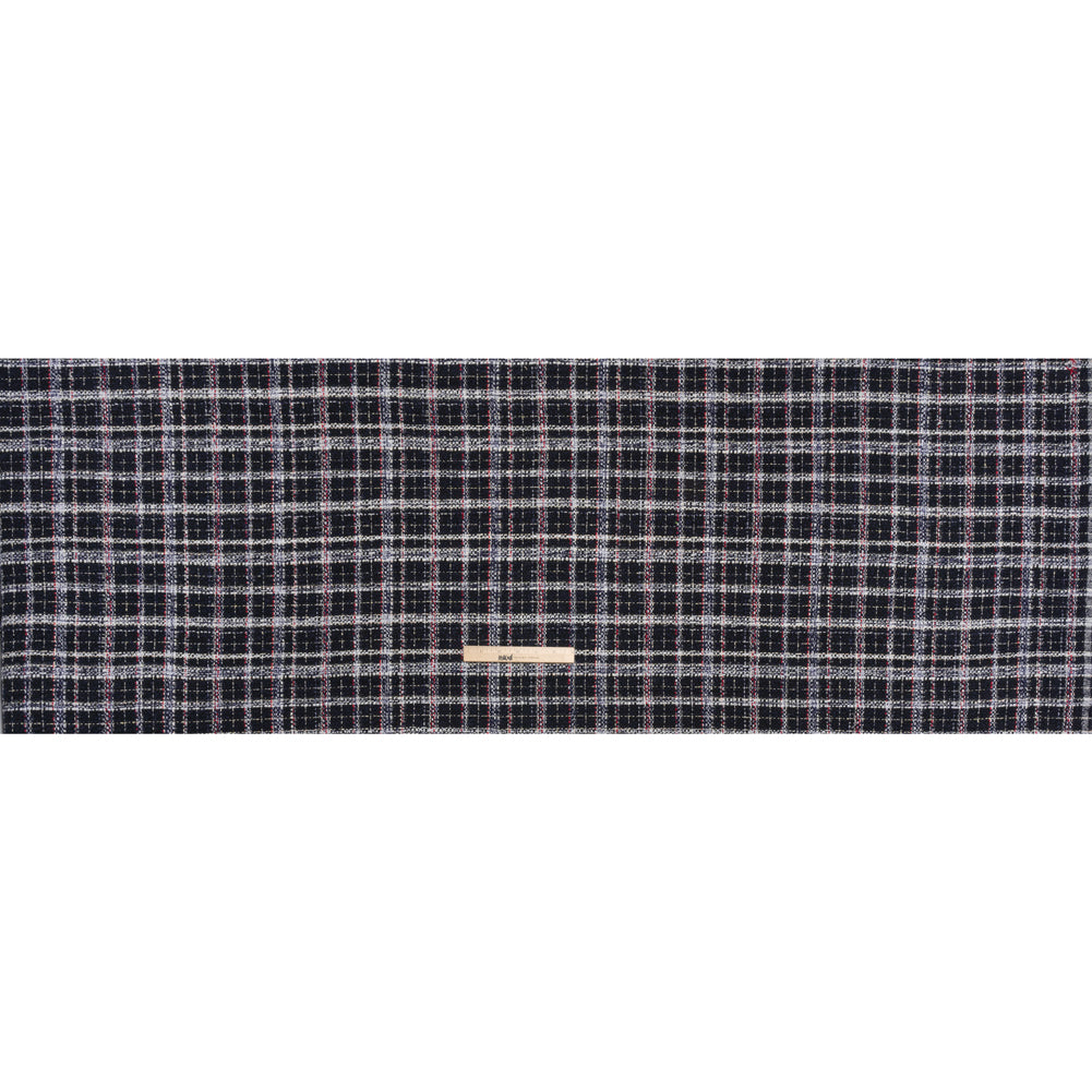 Tweedy Boucle Woven with Metallic Eyelash Fringe - Navy, White and Red Plaid - Deadstock - Full