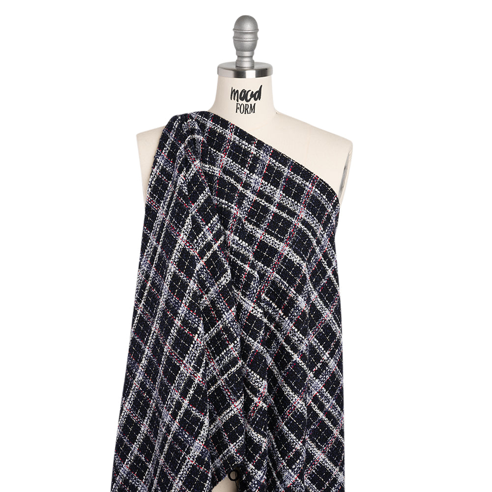 Tweedy Boucle Woven with Metallic Eyelash Fringe - Navy, White and Red Plaid - Deadstock - Drape